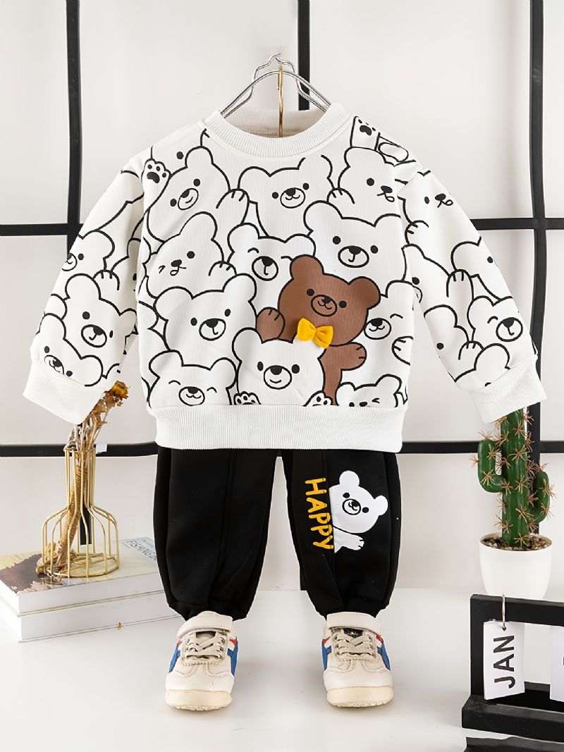 2ks Děťátko Chlapci Cartoon Bear Print Pullover Mikina A Kalhoty S Kulatým Výstřihem A Dlouhým Rukávem Dětské Oblečení