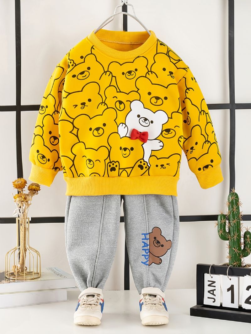 2ks Děťátko Chlapci Cartoon Bear Print Pullover Mikina A Kalhoty S Kulatým Výstřihem A Dlouhým Rukávem Dětské Oblečení