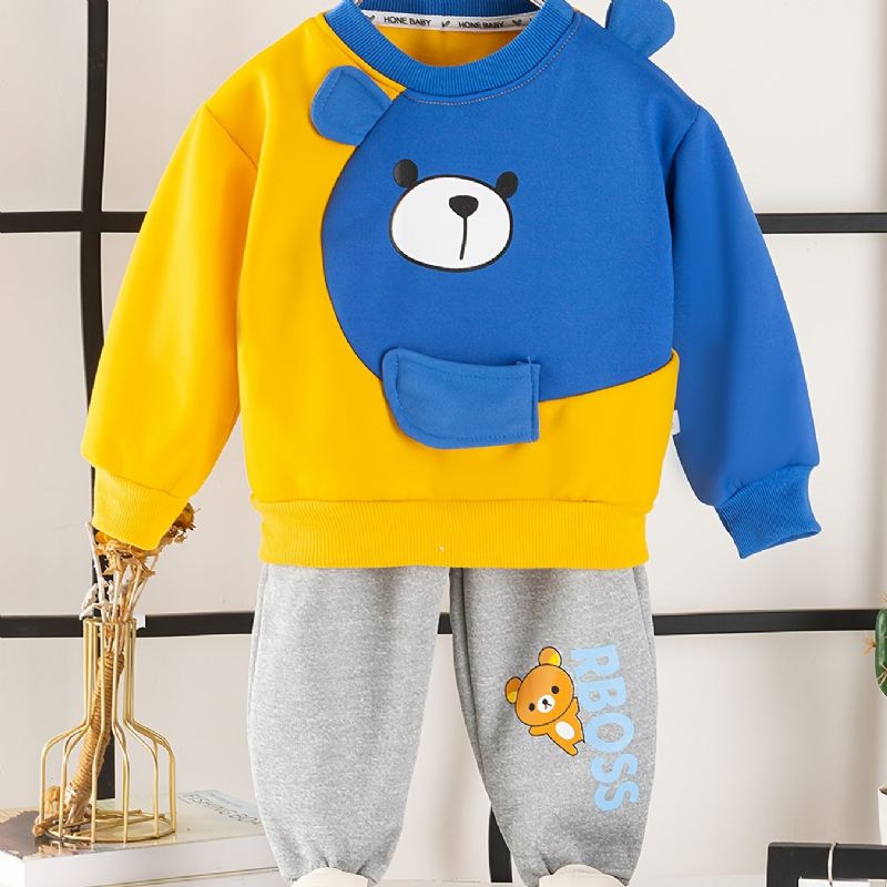 2ks Děťátko Chlapci Cartoon Bear Splicing Pullover Mikina A Kalhoty S Kulatým Výstřihem Dlouhý Rukáv Dětské Oblečení