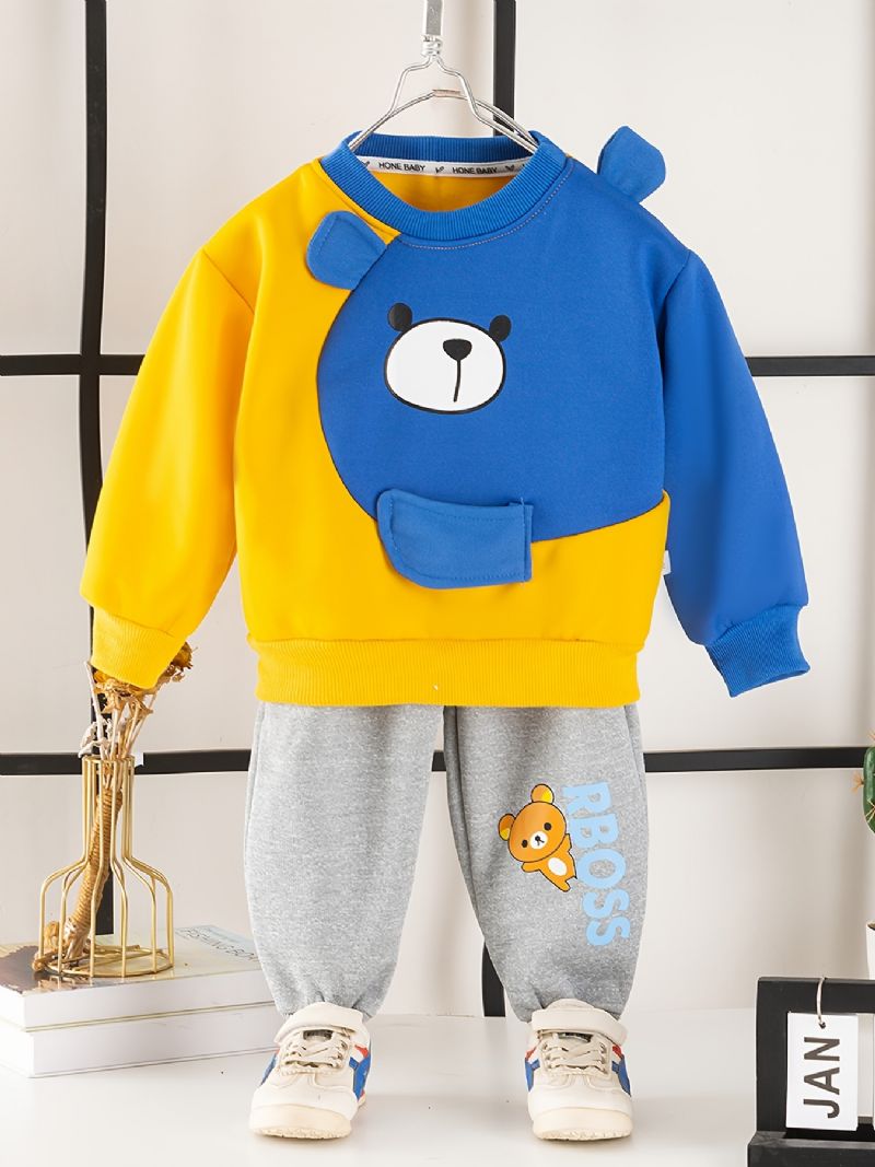 2ks Děťátko Chlapci Cartoon Bear Splicing Pullover Mikina A Kalhoty S Kulatým Výstřihem Dlouhý Rukáv Dětské Oblečení