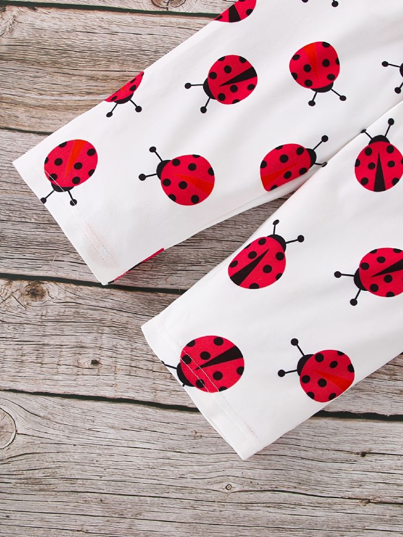 2ks / Sada Dívčí Létající Rukáv S Dlouhým Rukávem Mašle A Kreslený Potisk Ladybug Kalhoty Dětské Oblečení