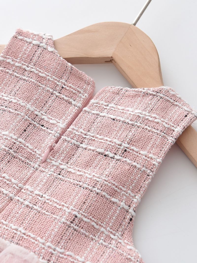 2ks Top Set Dívčí Sukně Ze Síťoviny A Gingham Sleeve Pro Batolata