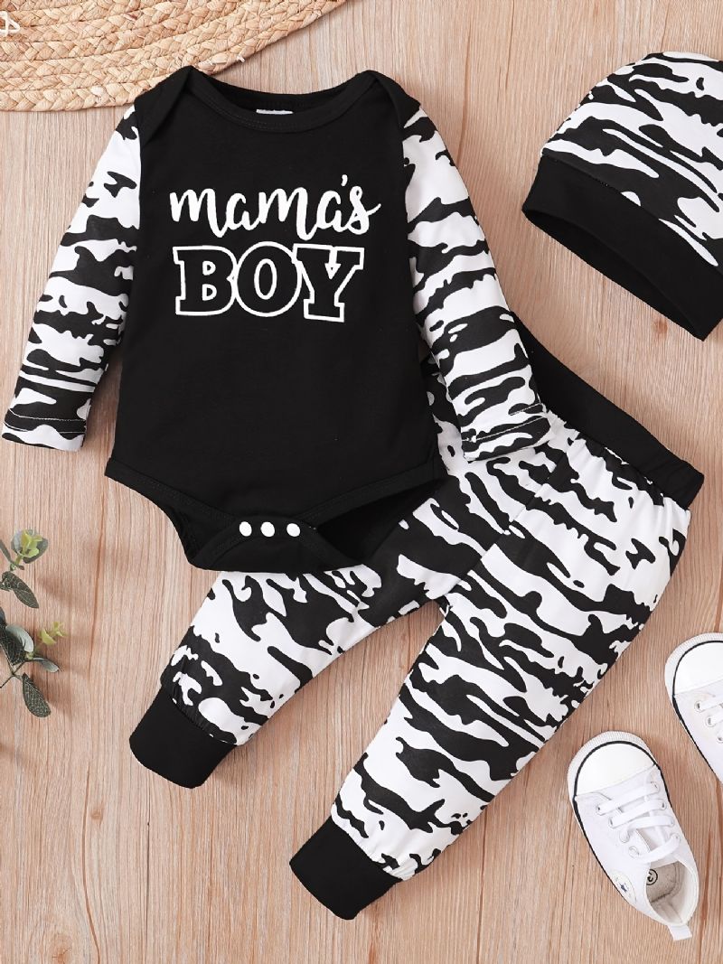 3ks Chlapci Maminčina Letter Print Dlouhý Rukáv Onesie Romper Top Kalhoty S Elastickým Pasem S Kloboukem Set Oblečení