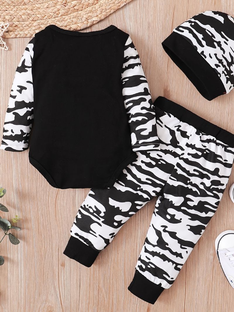 3ks Chlapci Maminčina Letter Print Dlouhý Rukáv Onesie Romper Top Kalhoty S Elastickým Pasem S Kloboukem Set Oblečení