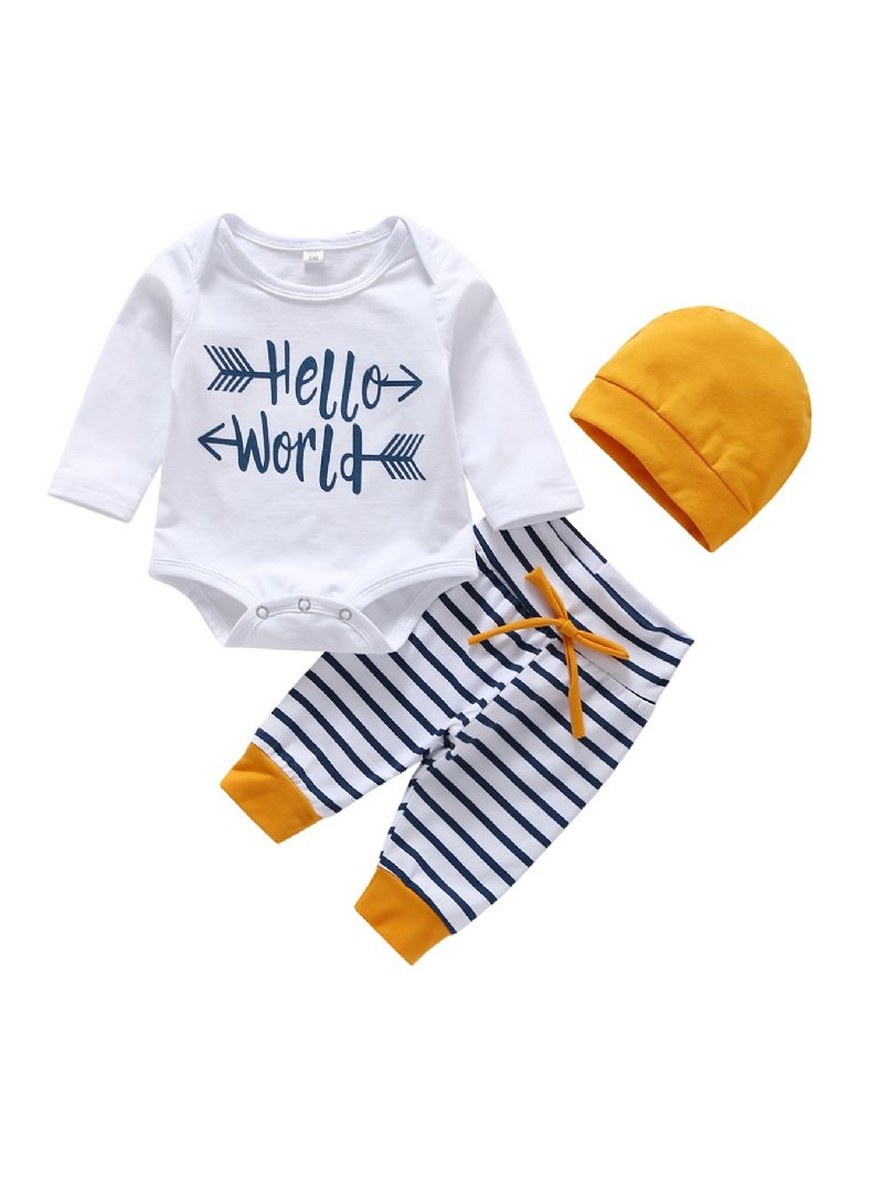 3ks Děťátko Chlapci Hello World Letter Print Onesie Top Pruhované Kalhoty S Kloboukem Set Oblečení