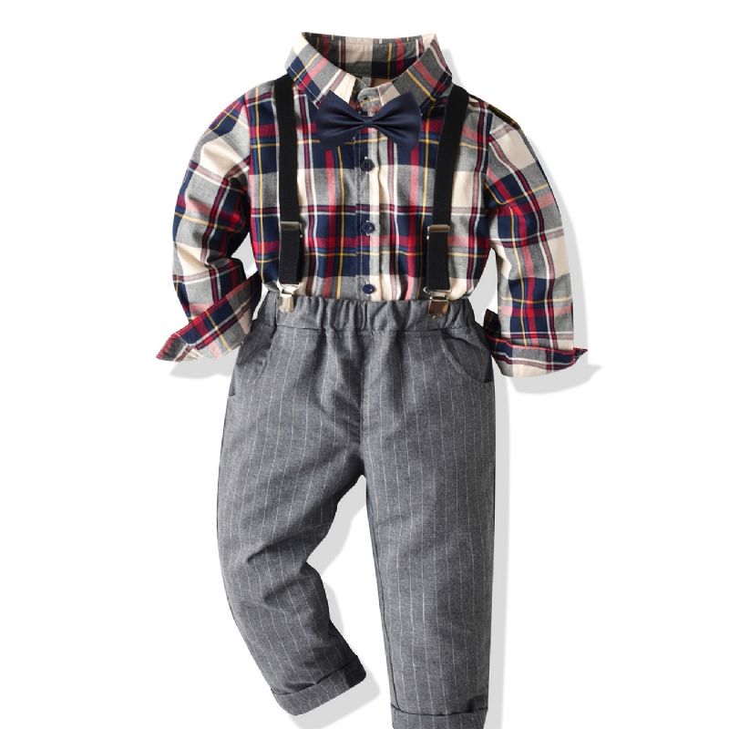 Batole Chlapci Gentleman Outfits Kostkovaná Košile S Motýlkem A Podvazkové Kalhoty Set Dětské Oblečení