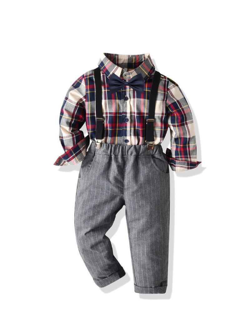 Batole Chlapci Gentleman Outfits Kostkovaná Košile S Motýlkem A Podvazkové Kalhoty Set Dětské Oblečení