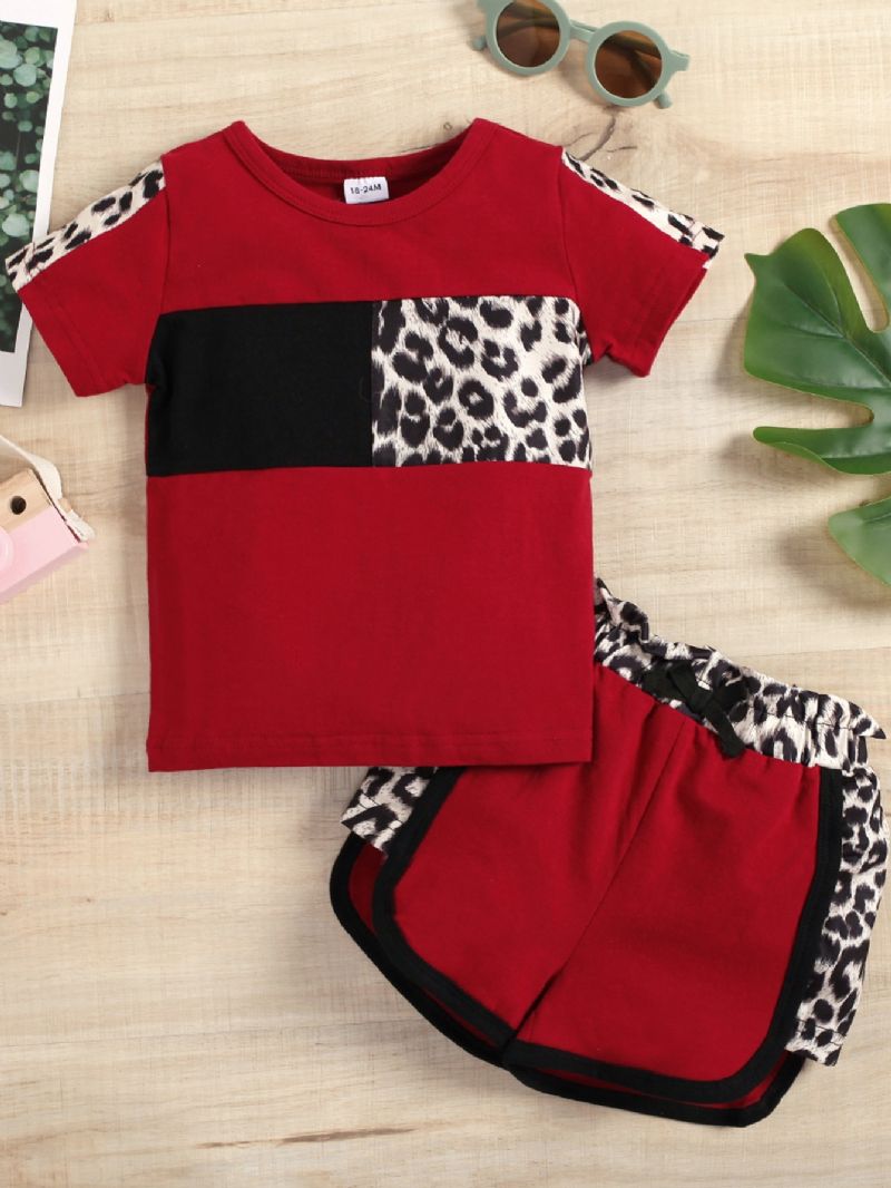 Batole Dívky Patchwork Red Leopard Shorts Set