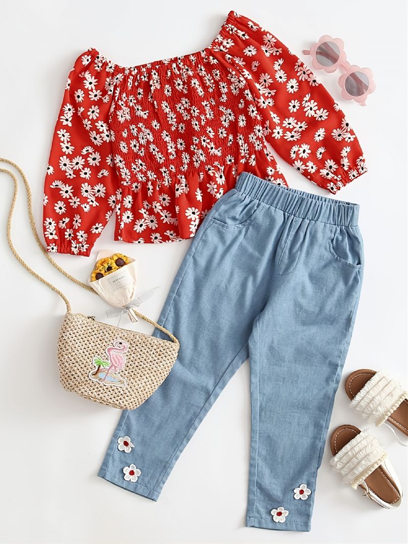 Batole Dívčí Daisy Shirred Peplum Top & Appliques Jeans Set