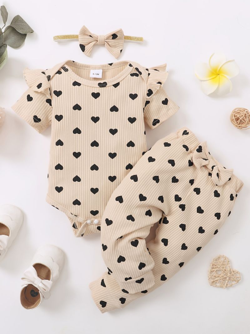 Batole Děťátko Dívky Heart Print Body + Kalhoty Set + Čelenka Onesie Clothes