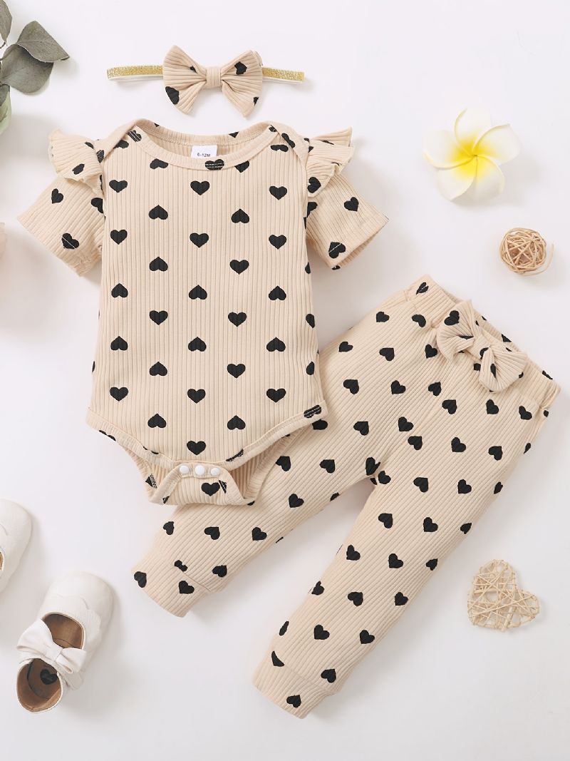 Batole Děťátko Dívky Heart Print Body + Kalhoty Set + Čelenka Onesie Clothes