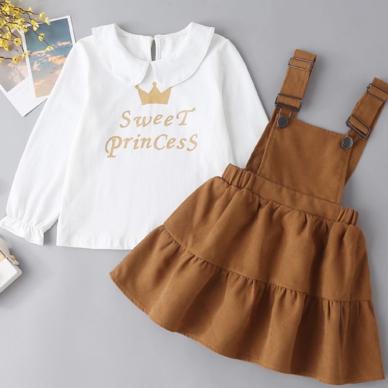 Batole Děťátko Dívky Letter Crown Print Top & Ruffle Overal Dress Set Dětské Oblečení