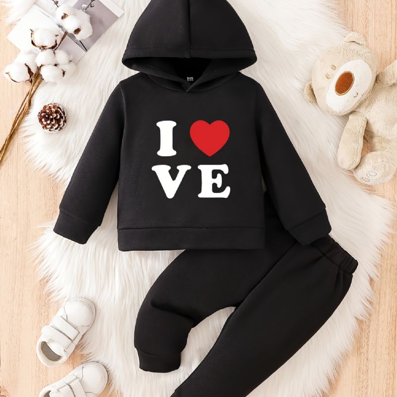 Batole Děťátko Heart Print Fleece Teplá Mikina Kalhoty Set Pro Kluky Dívky Podzim Zima