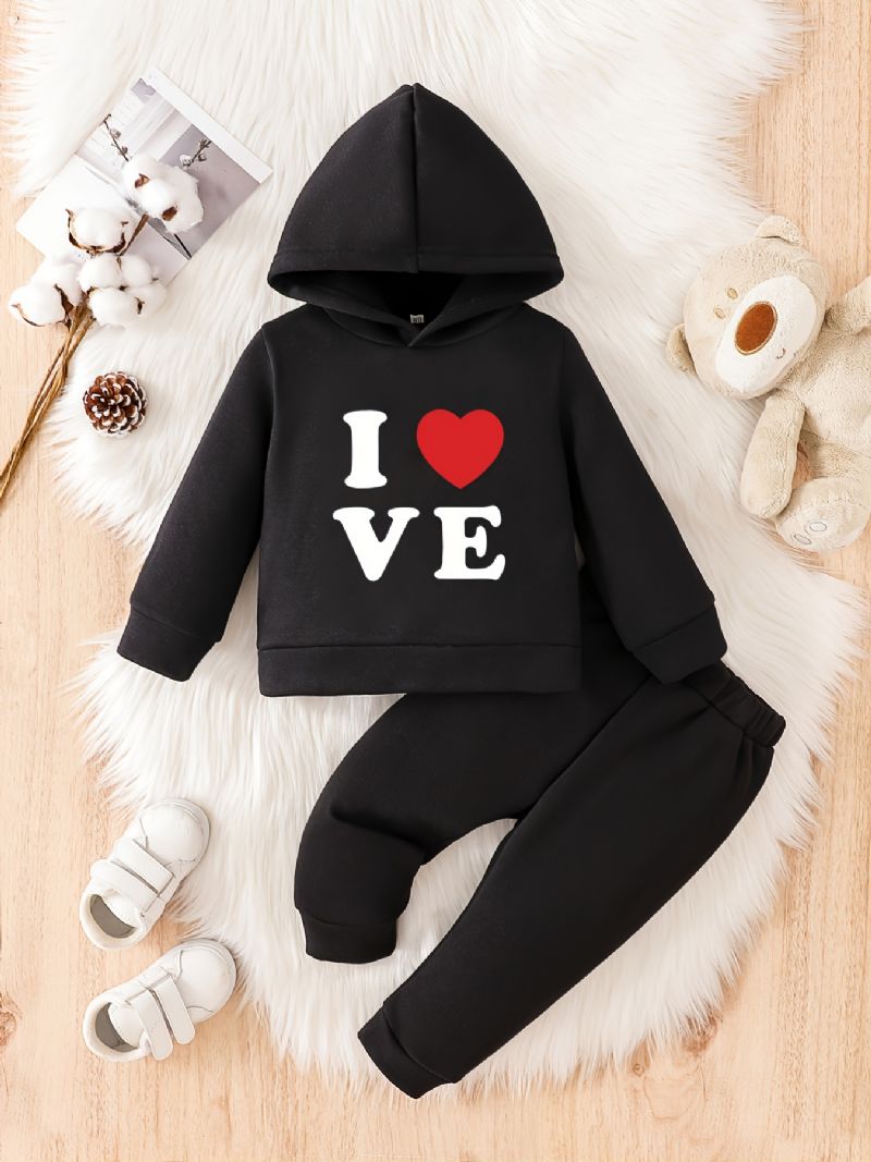 Batole Děťátko Heart Print Fleece Teplá Mikina Kalhoty Set Pro Kluky Dívky Podzim Zima