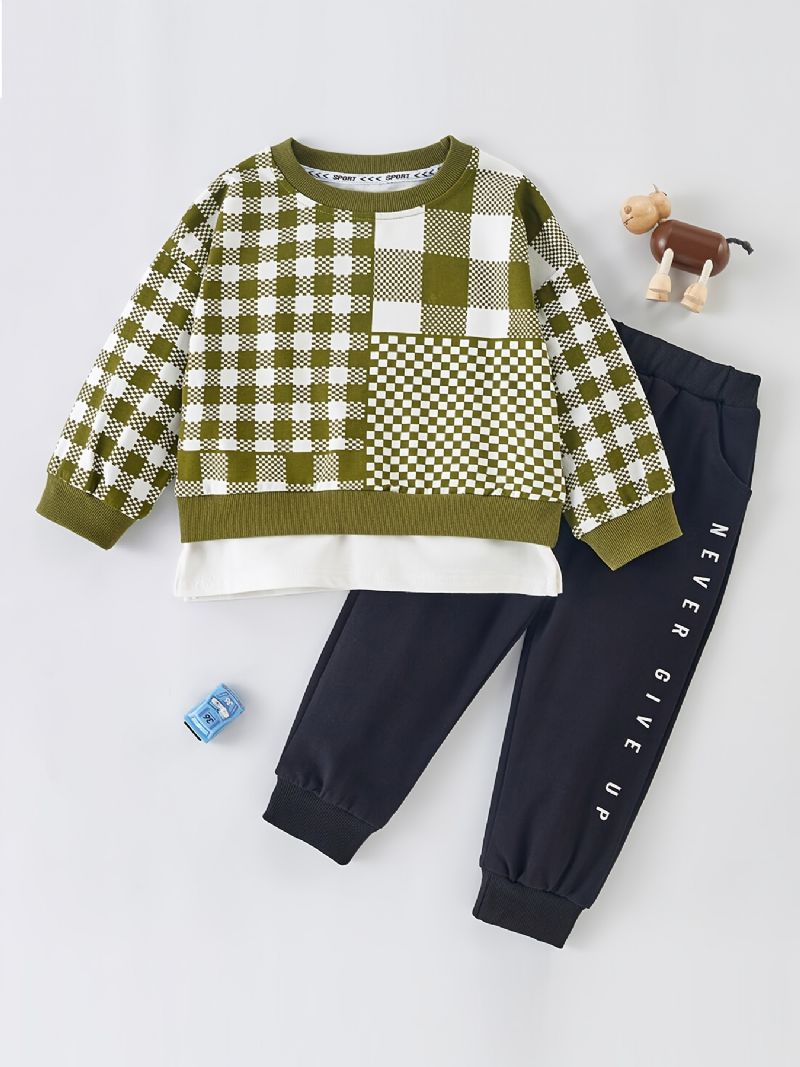 Chlapci Kostkovaný Patchwork Pullover Top + Kalhoty Set Děťátko Oblečení