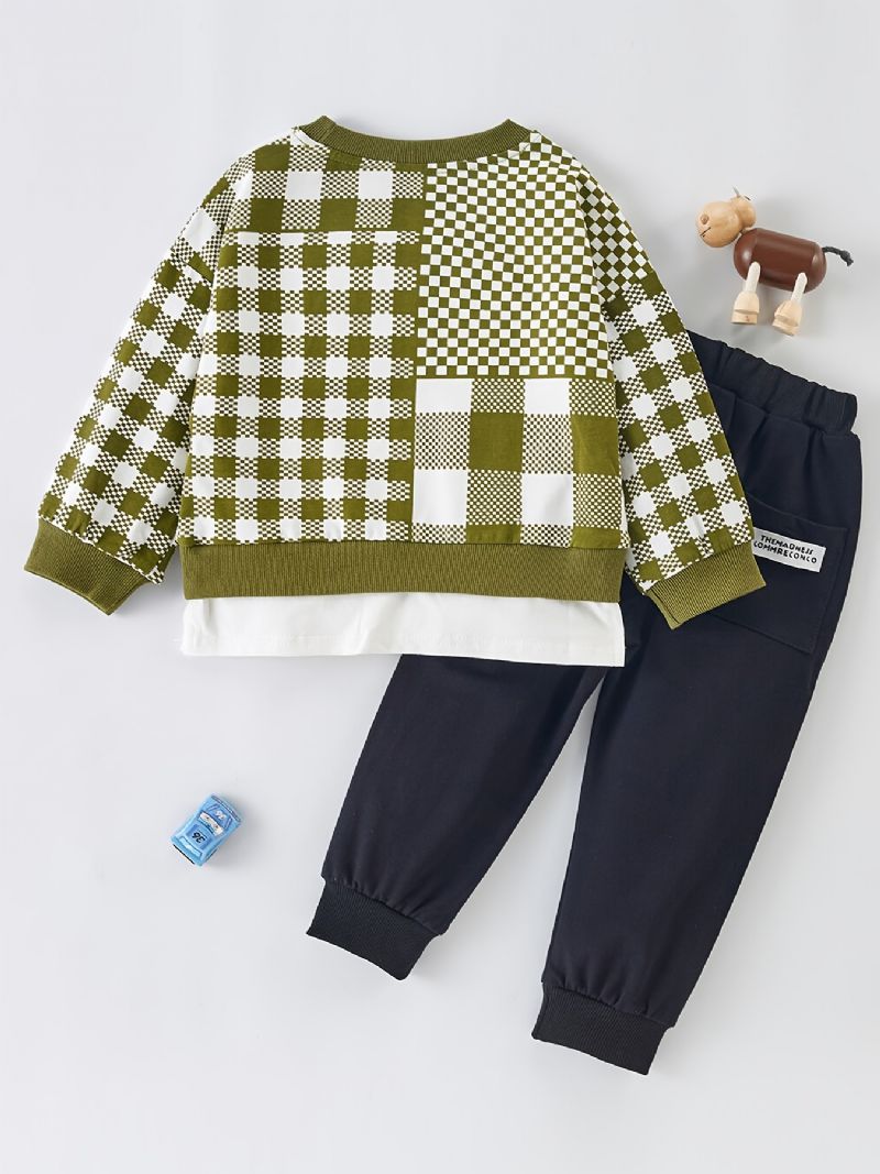 Chlapci Kostkovaný Patchwork Pullover Top + Kalhoty Set Děťátko Oblečení