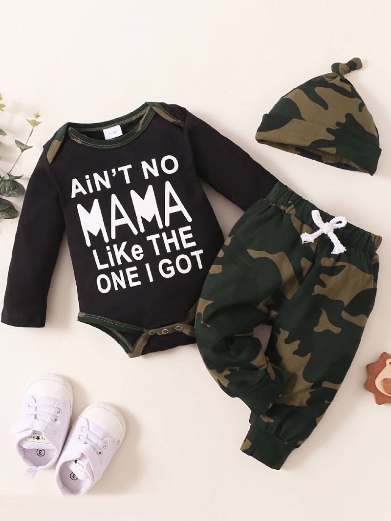 Chlapci Slogan Print Kombinéza S Dlouhým Rukávem + Camo Kalhoty + Klobouk Sada Kojeneckého Oblečení