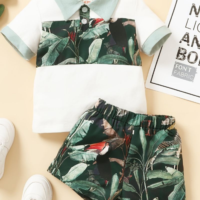 Chlapecká Košile Color Block + Tropical Print Shorts Set Dětského Oblečení Na Léto