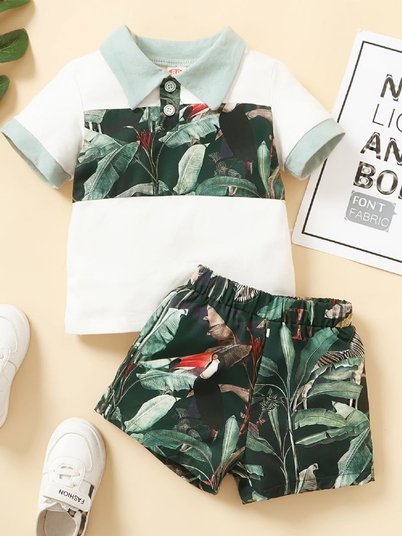 Chlapecká Košile Color Block + Tropical Print Shorts Set Dětského Oblečení Na Léto