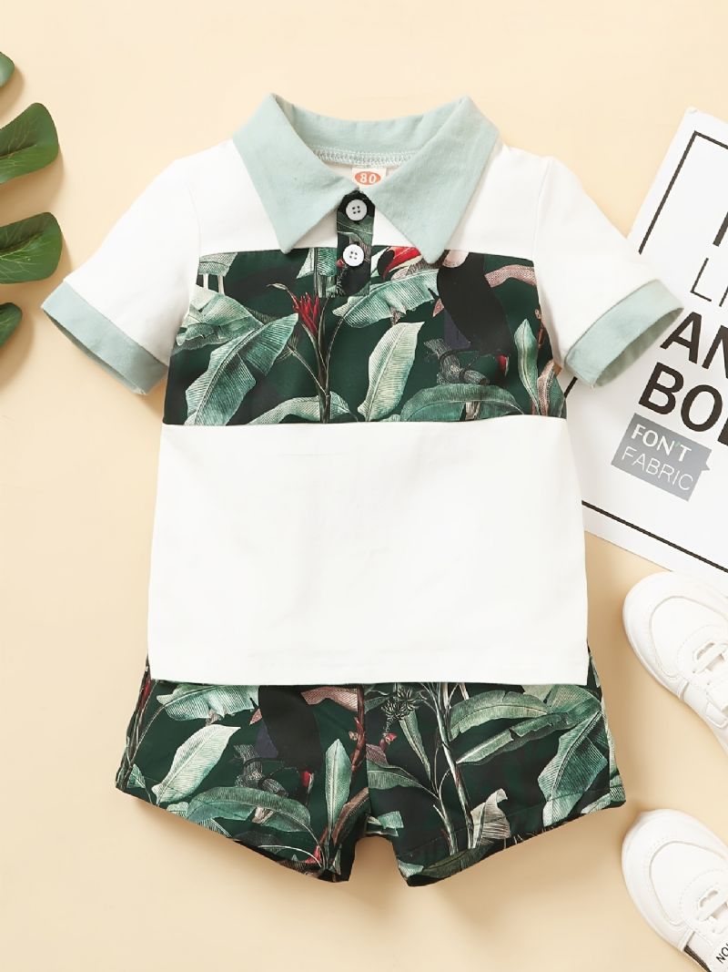 Chlapecká Košile Color Block + Tropical Print Shorts Set Dětského Oblečení Na Léto