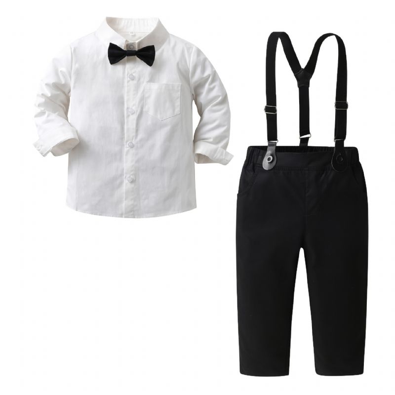 Chlapecký Gentleman Outfit Bílá Košile S Dlouhým Rukávem A Motýlkem A Suspender Kalhoty Set Oblečení