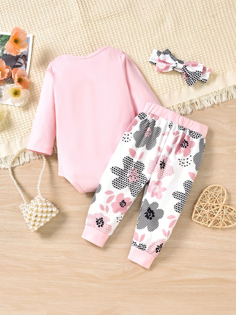 Dívčí Body S Dlouhým Rukávem Onesie & Floral Print Kalhoty & Čelenka