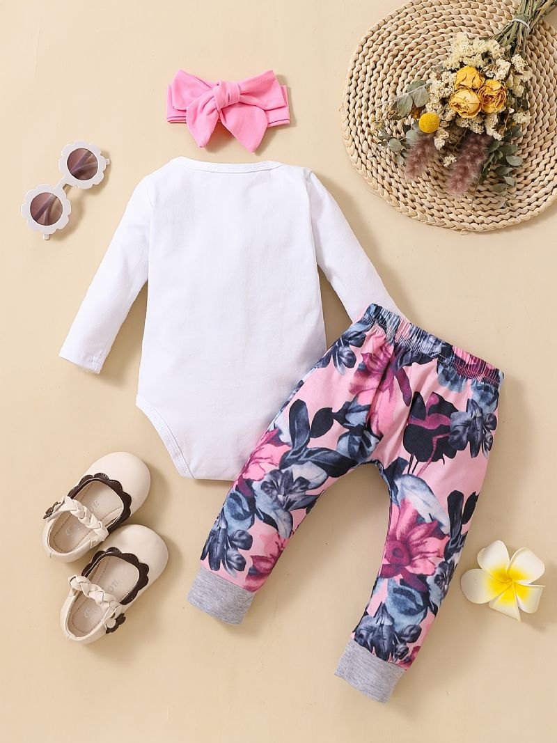 Dívčí Body S Dlouhým Rukávem Onesie & Floral Print Kalhoty & Čelenka