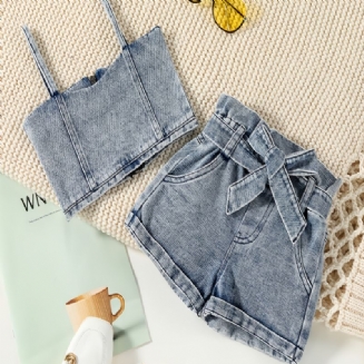 Dívčí Džínový Suspender Na Zip Cropped Top & Džínové Šortky & Denim Belt 3dílná Sada