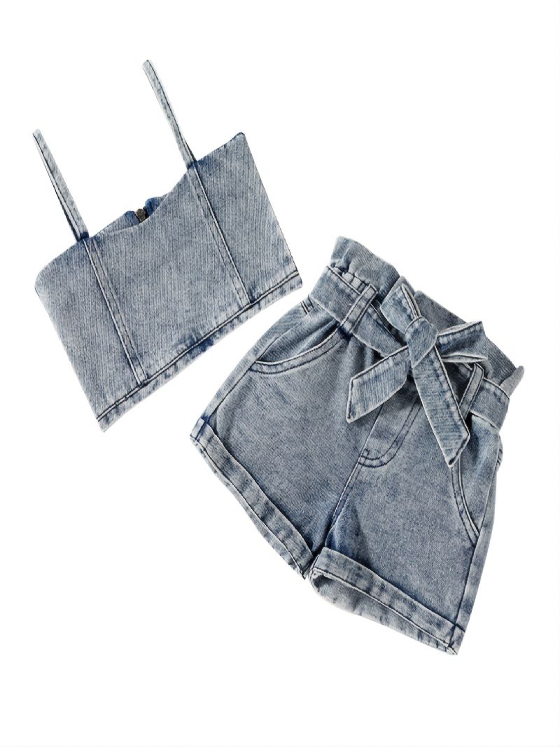 Dívčí Džínový Suspender Na Zip Cropped Top & Džínové Šortky & Denim Belt 3dílná Sada