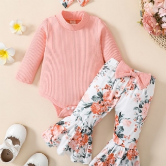 Dívčí Kombinéza S Dlouhým Rukávem + Květinové Vzorované Kalhoty + Čelenka Sada Oblečení Pro Miminka