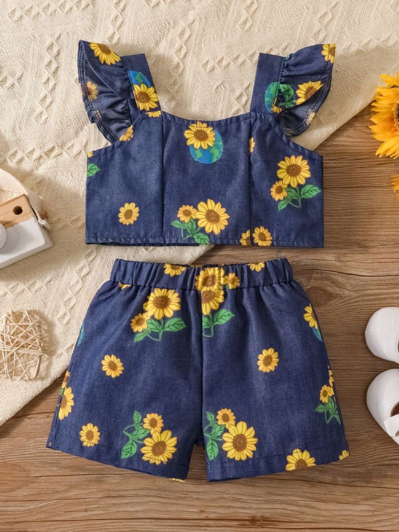 Dívčí Módní Květinový Tisk Denim Top Šortky Set