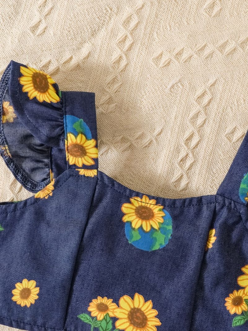 Dívčí Módní Květinový Tisk Denim Top Šortky Set