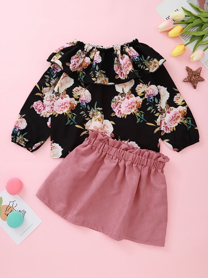 Dívčí Rose Print Off Shoulder Top + Pevná Sukně Set Dětské Oblečení