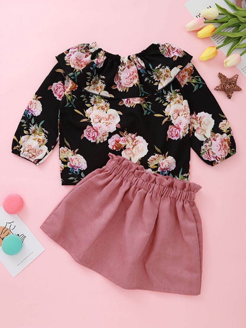 Dívčí Rose Print Off Shoulder Top + Pevná Sukně Set Dětské Oblečení