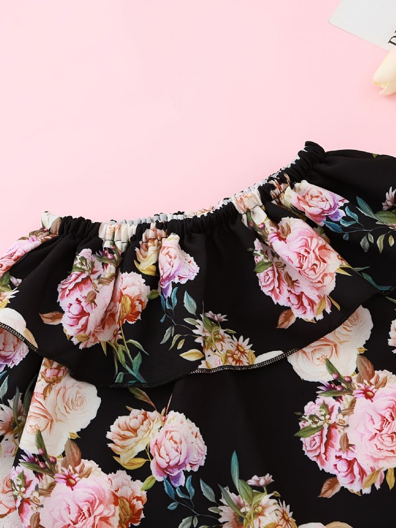 Dívčí Rose Print Off Shoulder Top + Pevná Sukně Set Dětské Oblečení