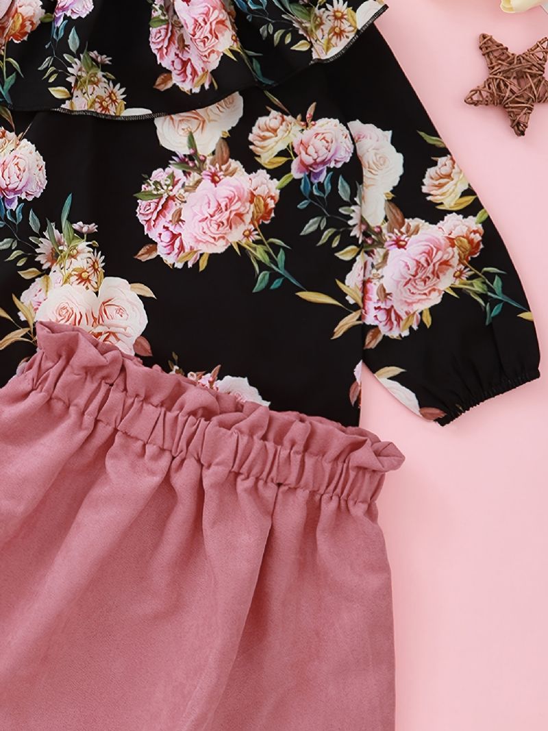 Dívčí Rose Print Off Shoulder Top + Pevná Sukně Set Dětské Oblečení