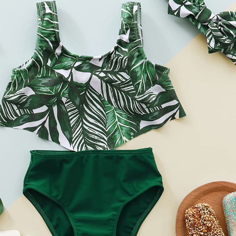 Dívčí Swimsuit Leaves Print Top + Swim Bottoms + Headband Set Dětské Oblečení