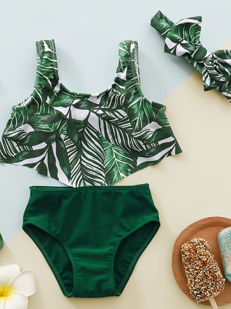 Dívčí Swimsuit Leaves Print Top + Swim Bottoms + Headband Set Dětské Oblečení