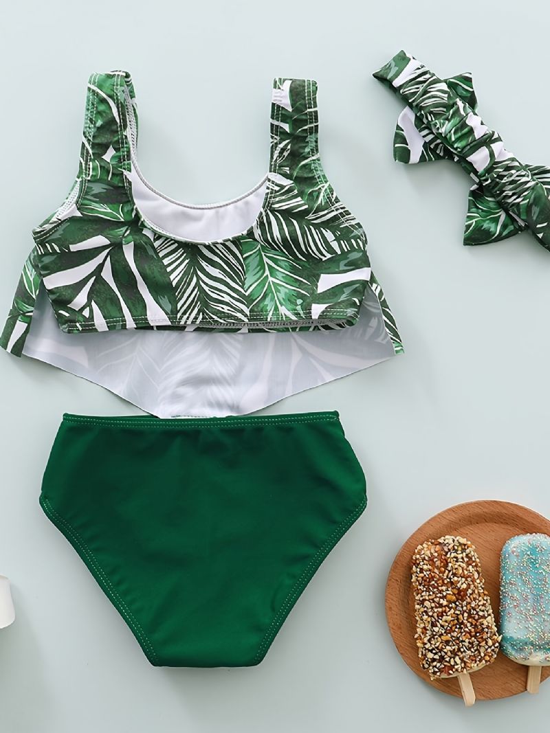 Dívčí Swimsuit Leaves Print Top + Swim Bottoms + Headband Set Dětské Oblečení