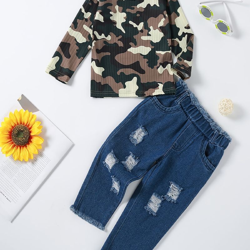 Dívčí Top S Camo Sleeve + Ripped Raw Hem Jeans Set Dětské Oblečení