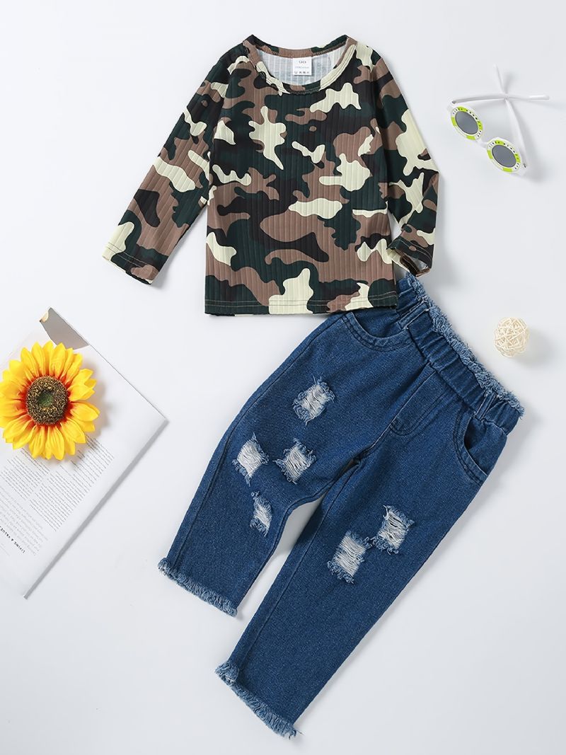 Dívčí Top S Camo Sleeve + Ripped Raw Hem Jeans Set Dětské Oblečení