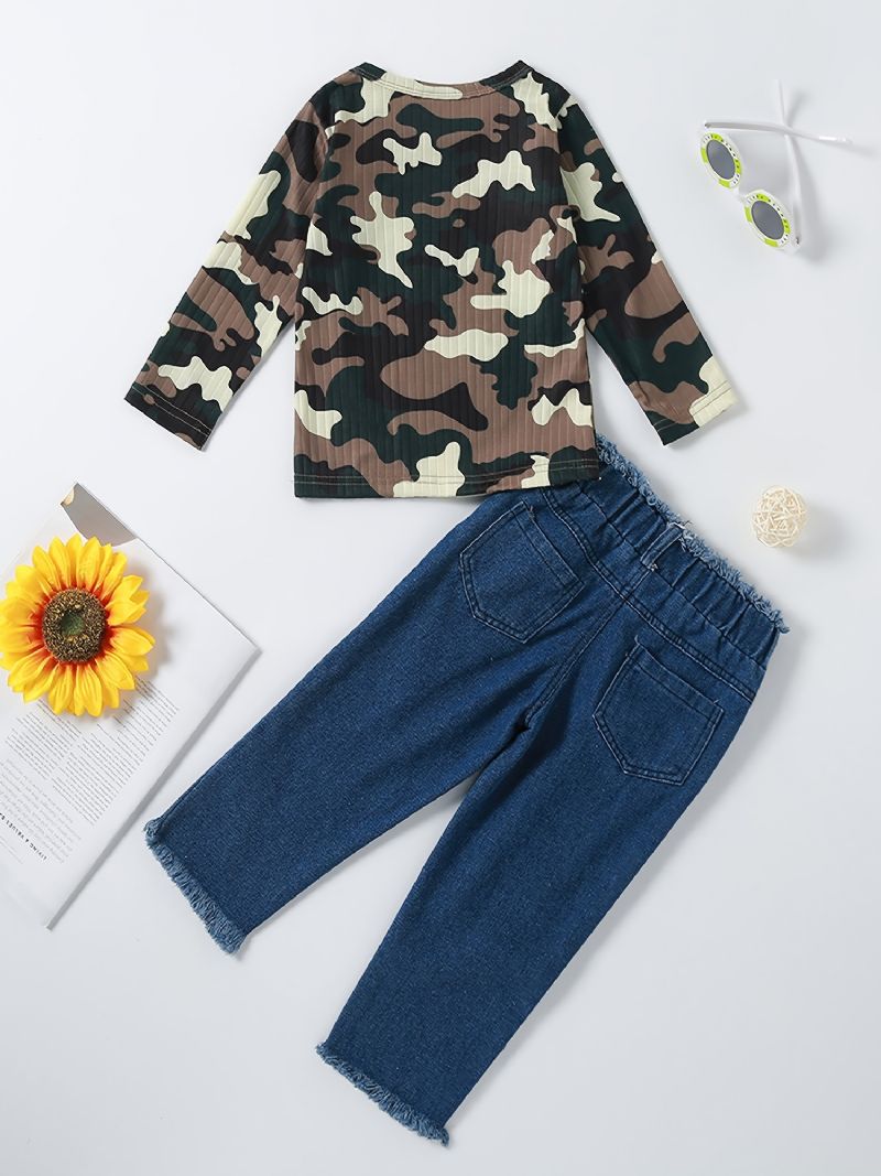 Dívčí Top S Camo Sleeve + Ripped Raw Hem Jeans Set Dětské Oblečení