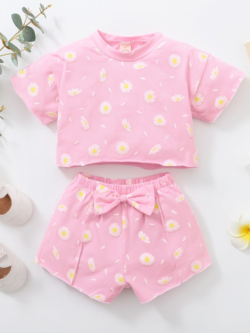 Dívčí Top S Krátkým Rukávem Daisy Print + Slušivé Šortky Set Dětské Oblečení