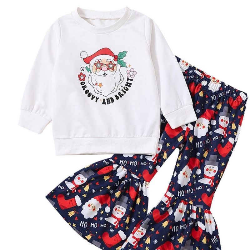 Dívčí Vánoční Outfit Dlouhý Rukáv Posádka Výstřih Santa Claus Potisk Pulovr & Flare Leg Pants Set Dětské Oblečení