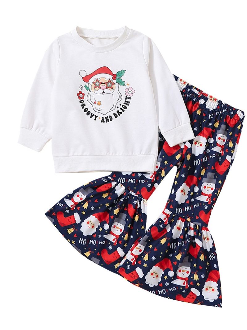 Dívčí Vánoční Outfit Dlouhý Rukáv Posádka Výstřih Santa Claus Potisk Pulovr & Flare Leg Pants Set Dětské Oblečení