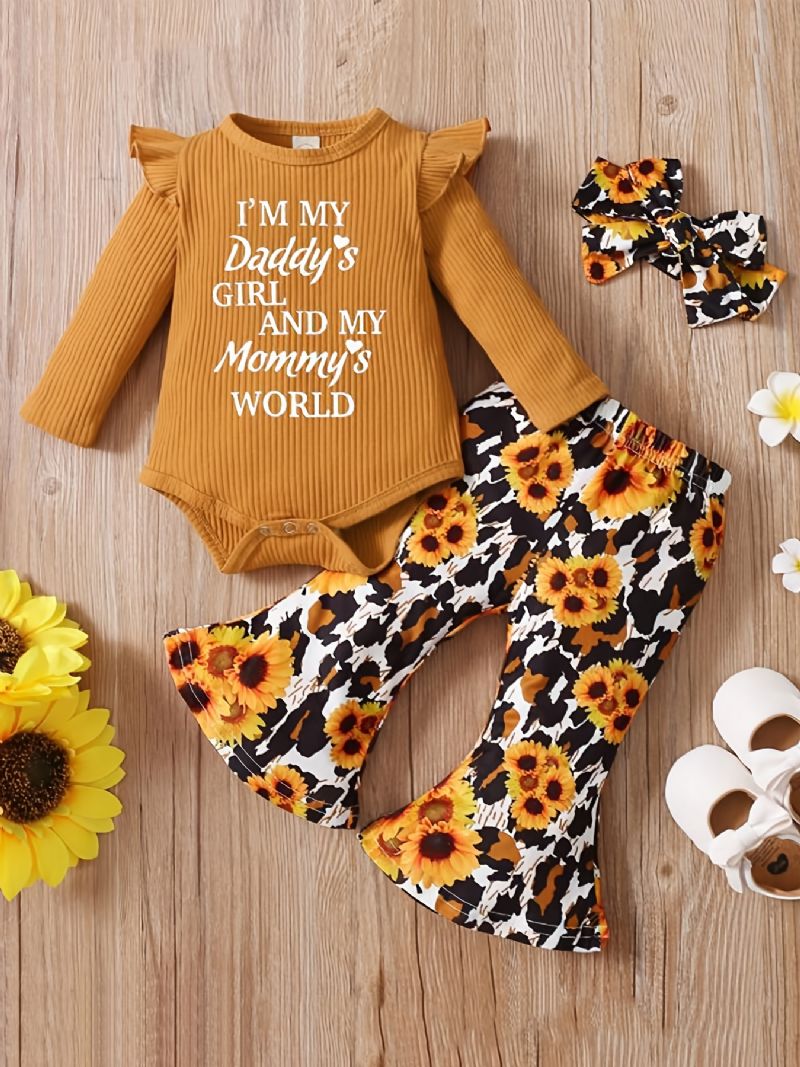 Dětské Dívčí Kombinézy Letter Print Dlouhý Rukáv Létající Rukávy Body & Sunflower Flare Leg Kalhoty A Čelenka Oblečení