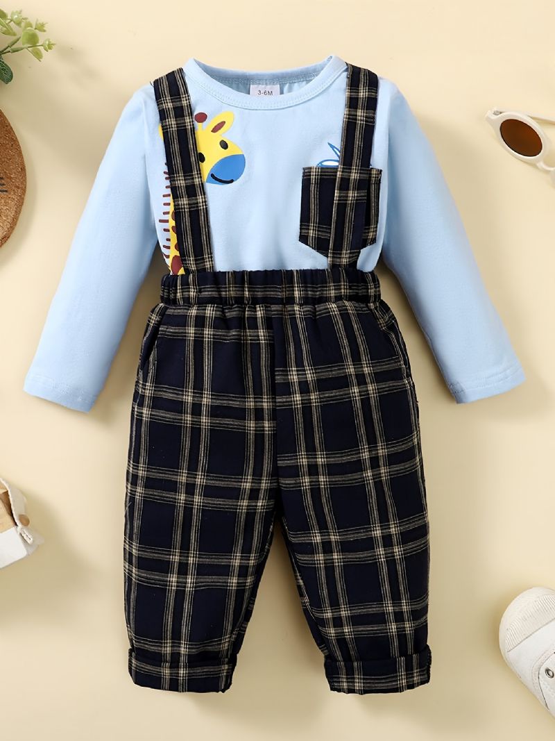 Děťátko Chlapci Deer Print Bodysuit Onesie & Plaid Suspender Kalts Set