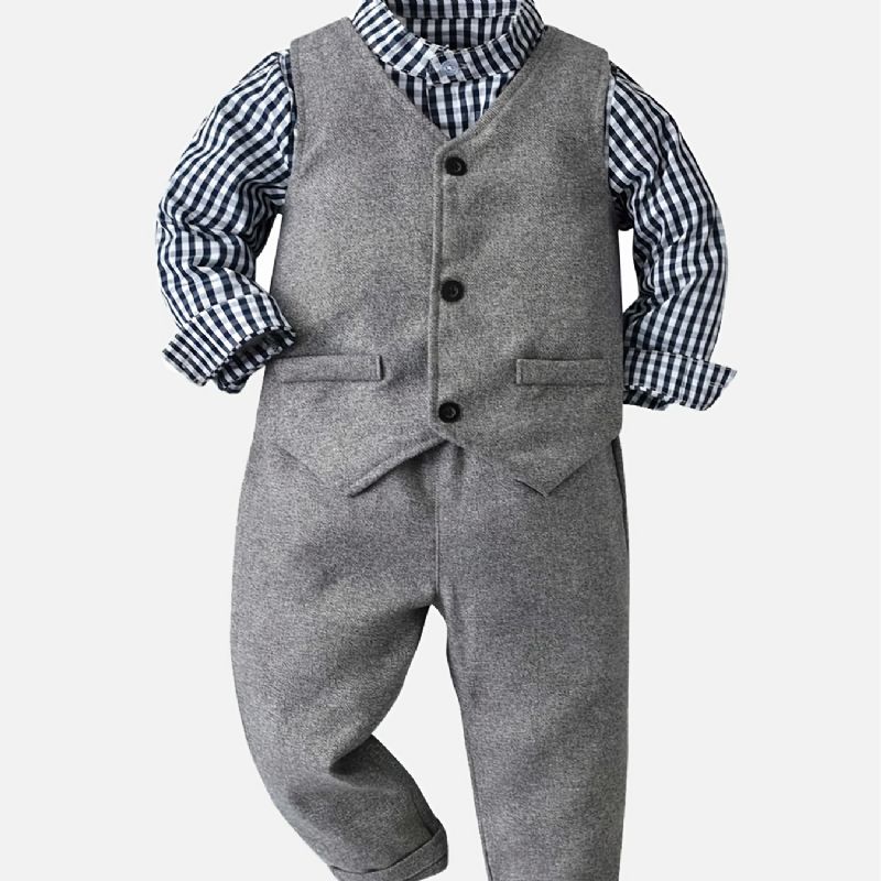 Děťátko Chlapci Gentlemen Set Kostkovaná Košile S Vestou A Vestičkou A Kalhotami Formální Outfit