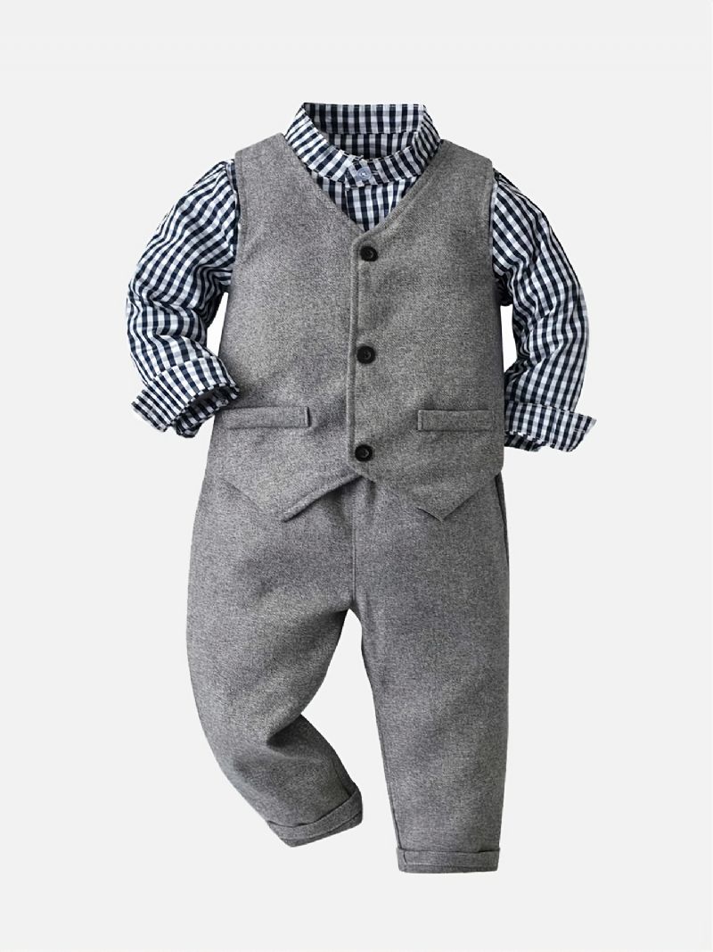 Děťátko Chlapci Gentlemen Set Kostkovaná Košile S Vestou A Vestičkou A Kalhotami Formální Outfit