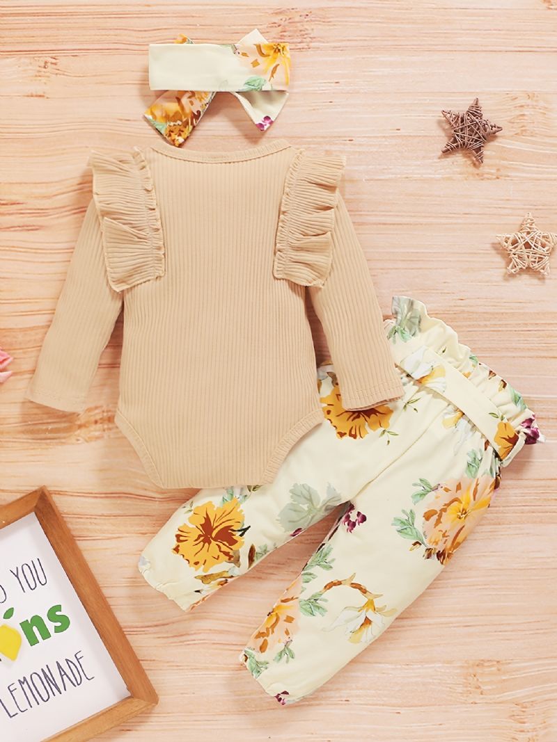 Kojenecká Holčička S Květinovým Potiskem Onesie Romper Pants Set Čelenka S Mašlí